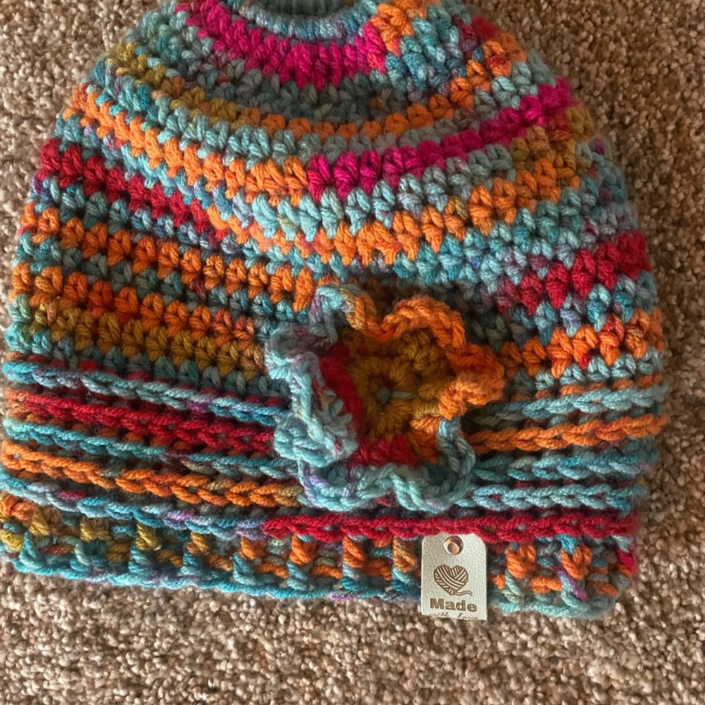 Colorful Striped Kids Beanie with Flower Accent